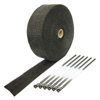 EXHAUST HEADER WRAP TAPE 2000 F Heat Protection Black 7.5m x 50mm + 6 Steel Ties