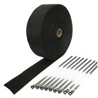 HEADER EXHAUST WRAP TAPE 2000 F Heat Protection Black 15m X 50mm + 10 Steel Ties